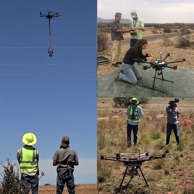 men using drones to mark power lines